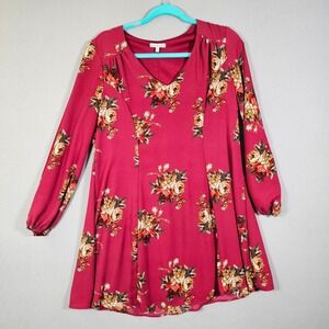 Charlotte Russe Floral Long Sleeve‎ V Neck Mini Dress Burgundy Red Women's